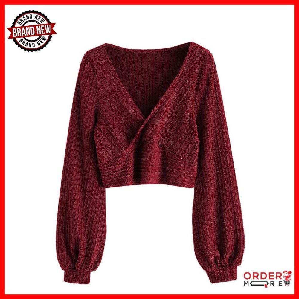 Ribbed Cropped Knit Top V-Neck Long Sleeve Cable Knit Sweater